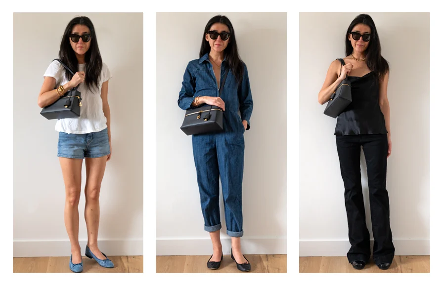 Outfits with a Loro Piana Extra bag - Left to Right: James Peres t-shirt with Diesel denim shorts and <a href="https://go-email.uk/chanel-ballet-flats-review/">Chanel ballet flats</a>; APC jumpsuit with <a href="https://go-email.uk/repetto-cendrillon-ballerinas-review/">Repetto Cendrillon flats</a>; Nili Lotan cami with J Brand Lovestory jeans and Christian Louboutin boots