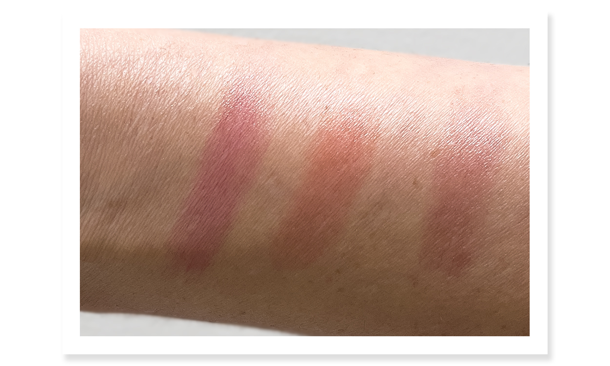 Three swatches of Augustinus Bader x Sofia Coppola tinted balms