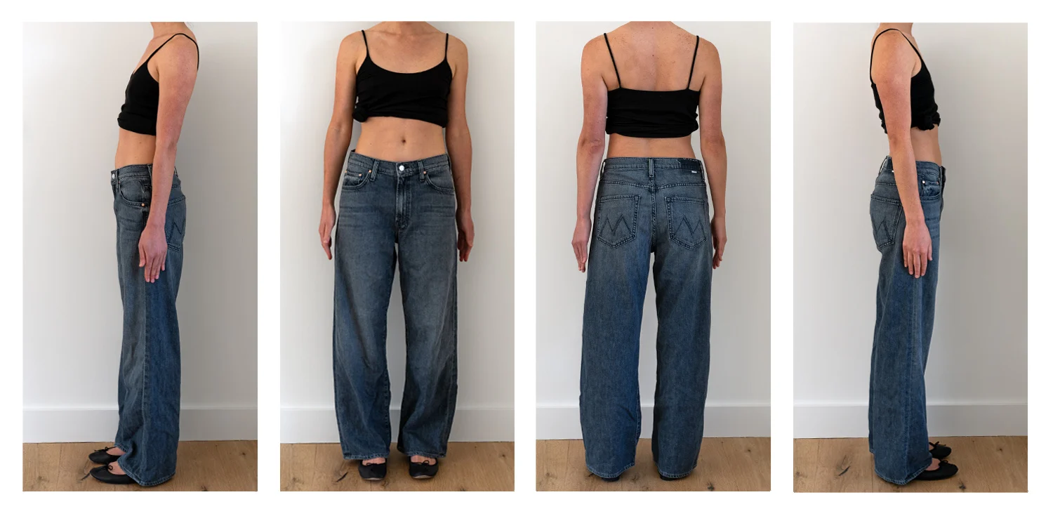 Showing how MOTHER Denim's The Dodger Jeans fit