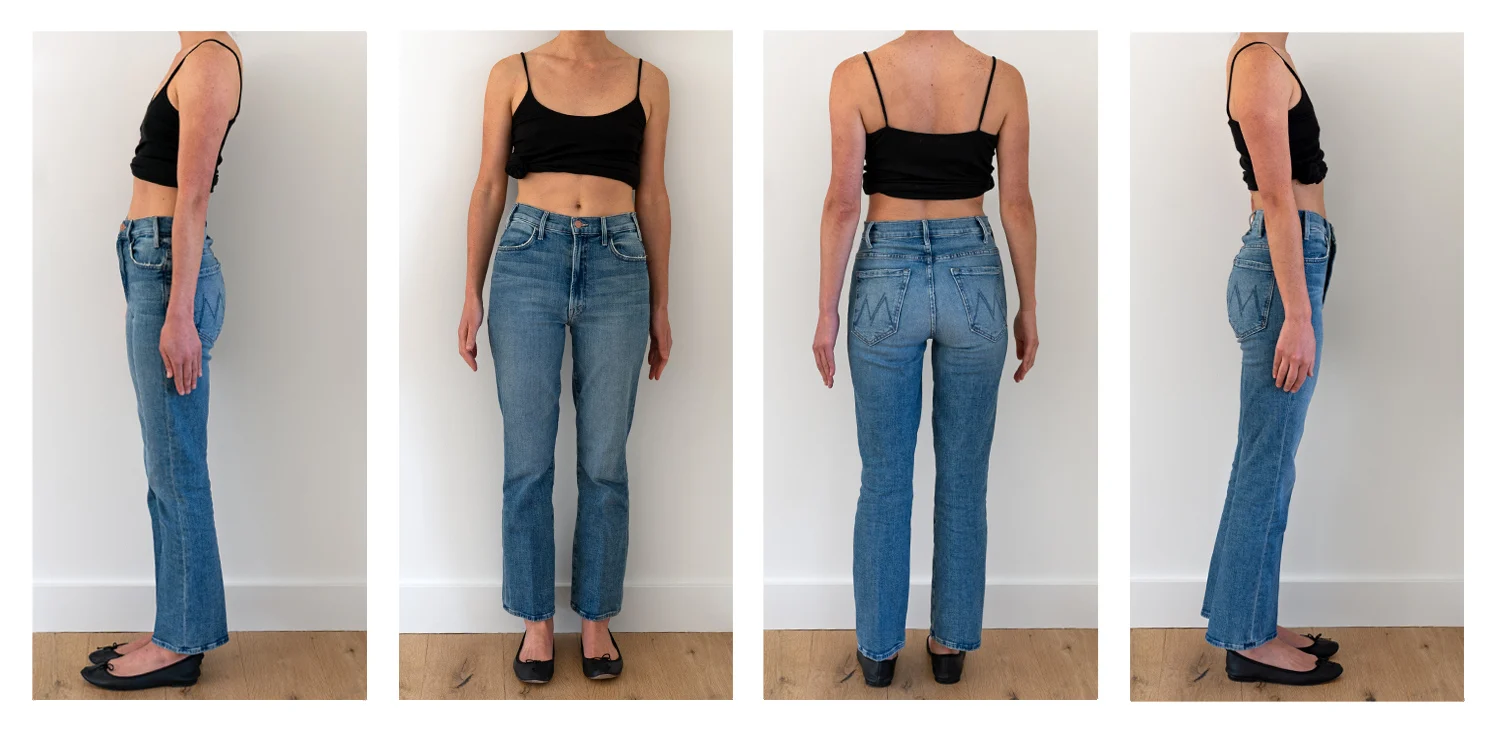 Showing how MOTHER The Hustler jeans look on a 5'5.75" frame