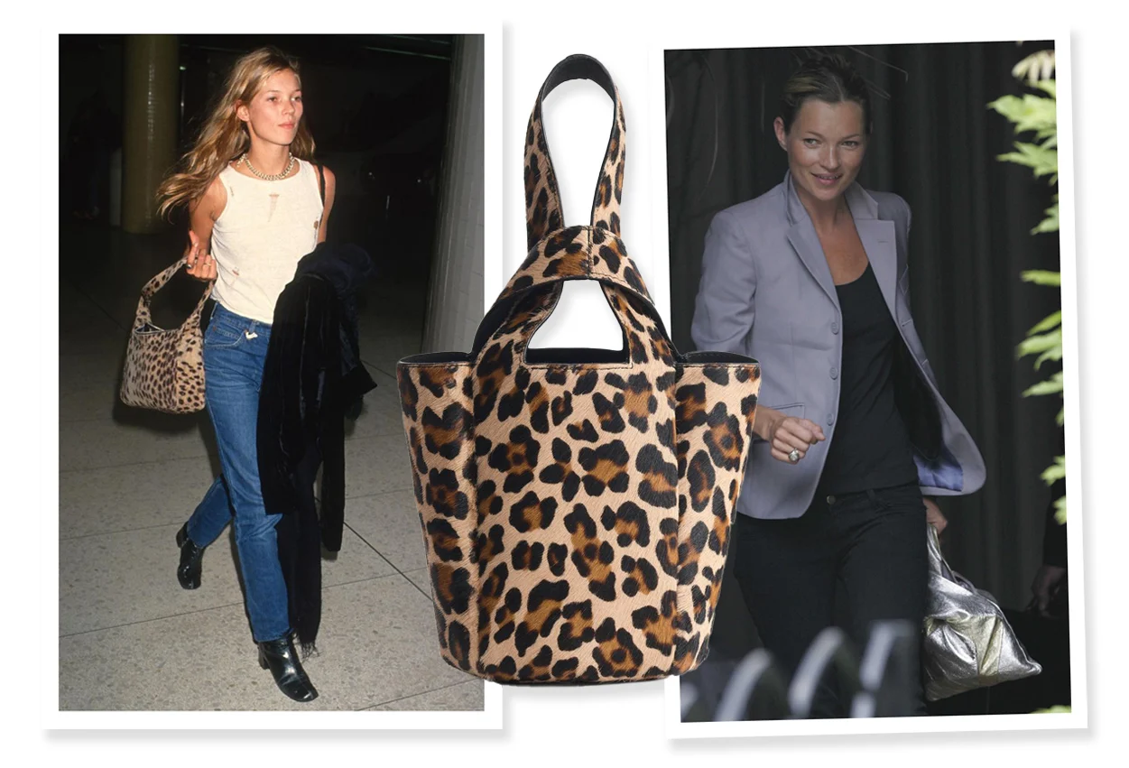 Kate Moss in the 90's with a leopard print bag and Kate Moss in 2005 with a bag that resembles the one she made with Zara