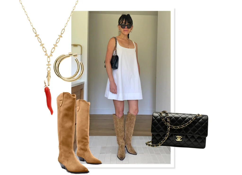 White dress shown with a black Chanel Classic Handbag, and beige cowboy boots
