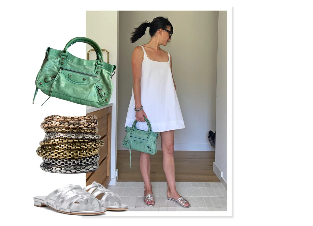 White dress shown with a Seafoam Balenciaga bag and silver sandals